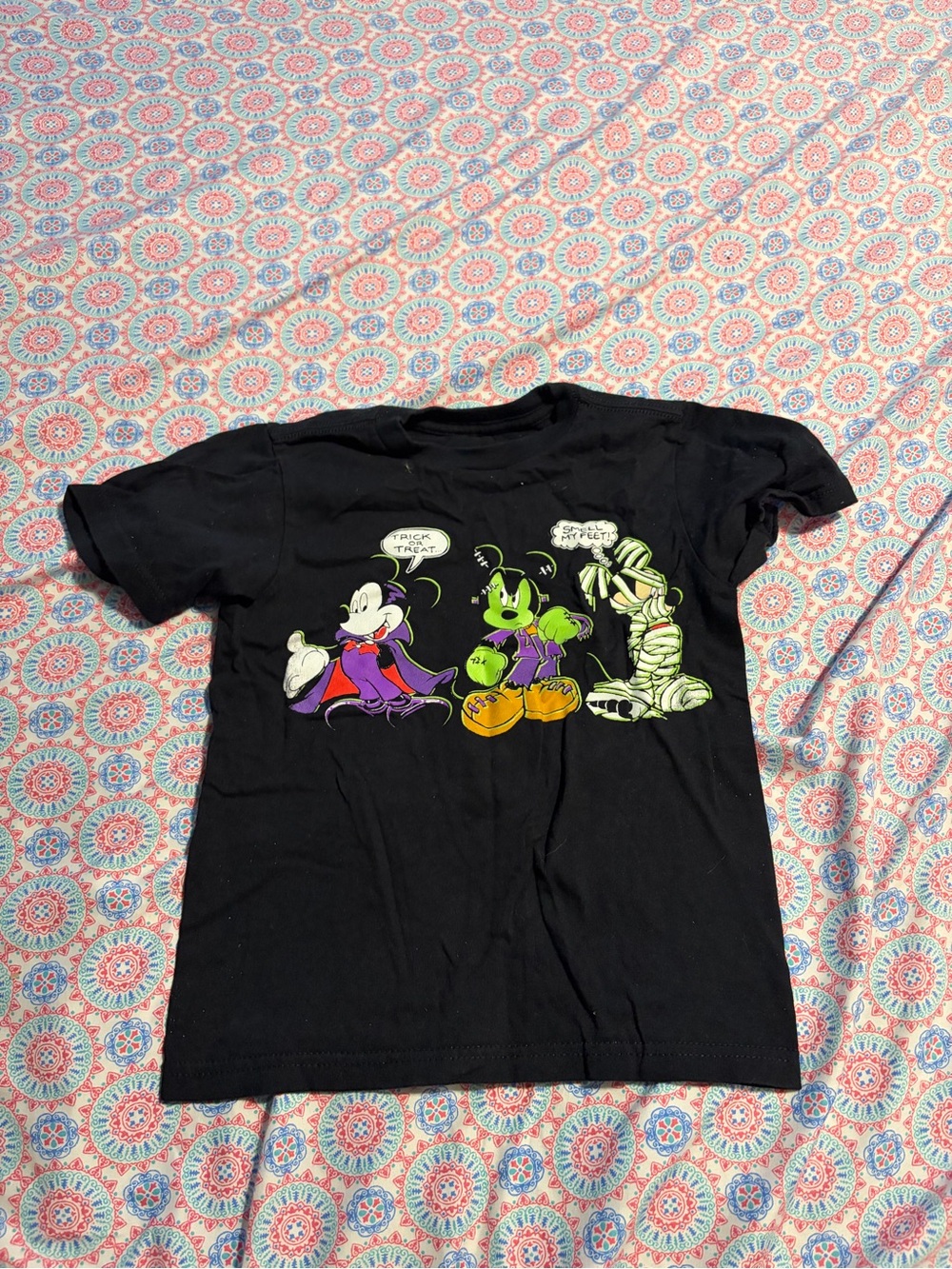 Disney Black Tee with Neon Green and Orange Halloween Characters